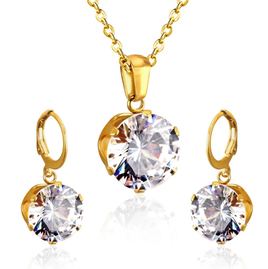 18K gold jewelry | CZ crown earrings | Bridal gift jewelry | Queen Pendant & Earrings | 6 Claw Setting | Hypoallergenic