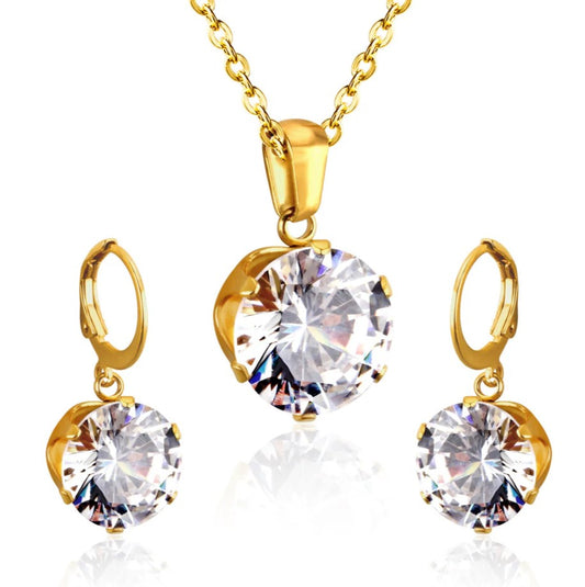 18K gold jewelry | CZ crown earrings | Bridal gift jewelry | Queen Pendant & Earrings | 6 Claw Setting | Hypoallergenic