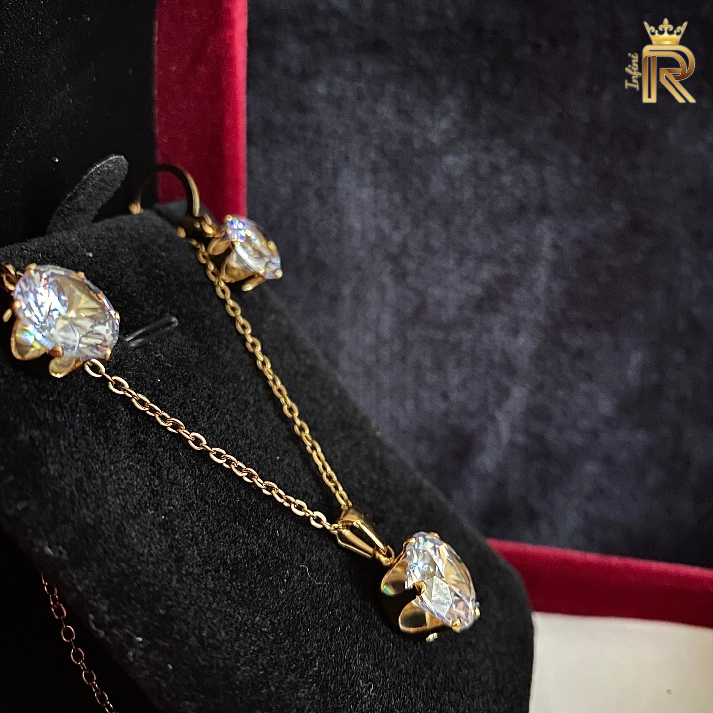 18K gold jewelry | CZ crown earrings | Bridal gift jewelry | Queen Pendant & Earrings | 6 Claw Setting | Hypoallergenic