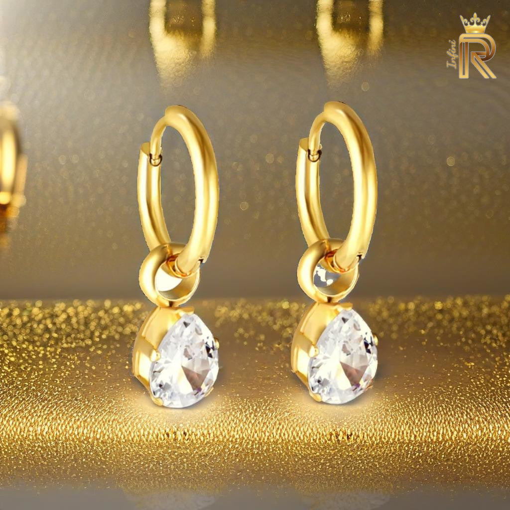 18K Gold Teardrop Hoop Earrings | American Diamond Hoop Drops | CZ Pear Cut Dangle | Hypoallergenic & Waterproof | Lucky Gift for Her