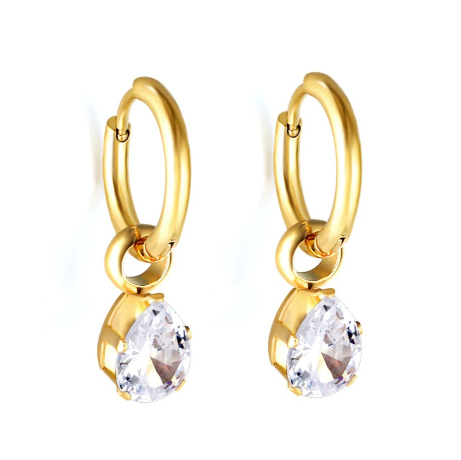 18K Gold Teardrop Hoop Earrings | American Diamond Hoop Drops | CZ Pear Cut Dangle | Hypoallergenic & Waterproof | Lucky Gift for Her