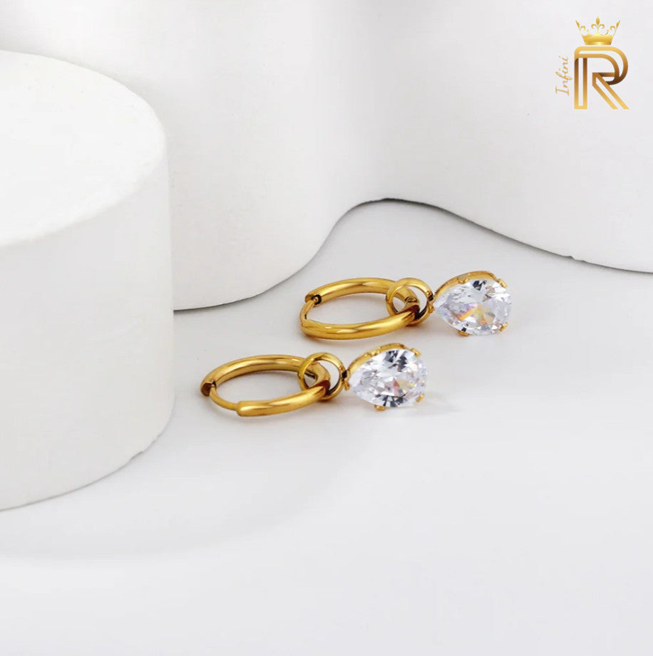 18K Gold Teardrop Hoop Earrings | American Diamond Hoop Drops | CZ Pear Cut Dangle | Hypoallergenic & Waterproof | Lucky Gift for Her