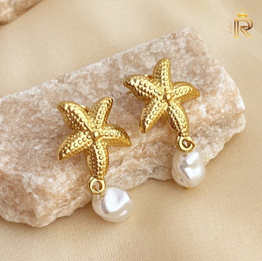 18k Gold Starfish Earring, Freshwater Baroque Pearl, Freeform White Pearl, Ocean-Inspired All the glitter is gold, Summer jewelry