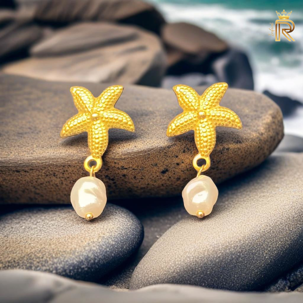 18k Gold Starfish Earring, Freshwater Baroque Pearl, Freeform White Pearl, Ocean-Inspired All the glitter is gold, Summer jewelry