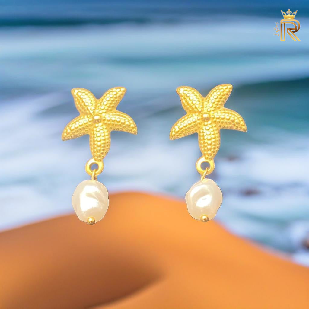 18k Gold Starfish Earring, Freshwater Baroque Pearl, Freeform White Pearl, Ocean-Inspired All the glitter is gold, Summer jewelry