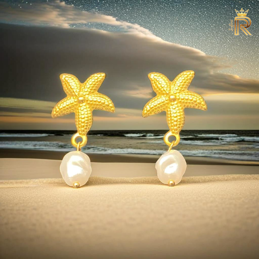 18k Gold Starfish Earring, Freshwater Baroque Pearl, Freeform White Pearl, Ocean-Inspired All the glitter is gold, Summer jewelry