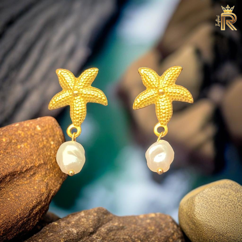 18k Gold Starfish Earring, Freshwater Baroque Pearl, Freeform White Pearl, Ocean-Inspired All the glitter is gold, Summer jewelry