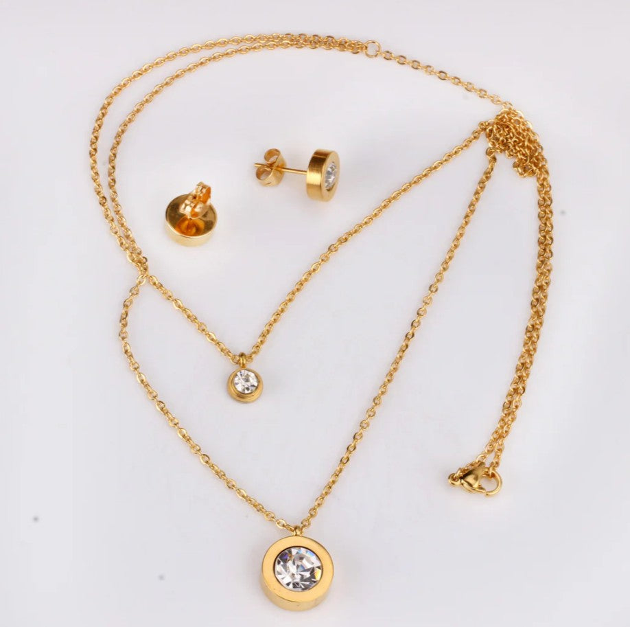Bestseller 18K Gold, double chain American Diamond, Pendant white stone, 2 diamonds
