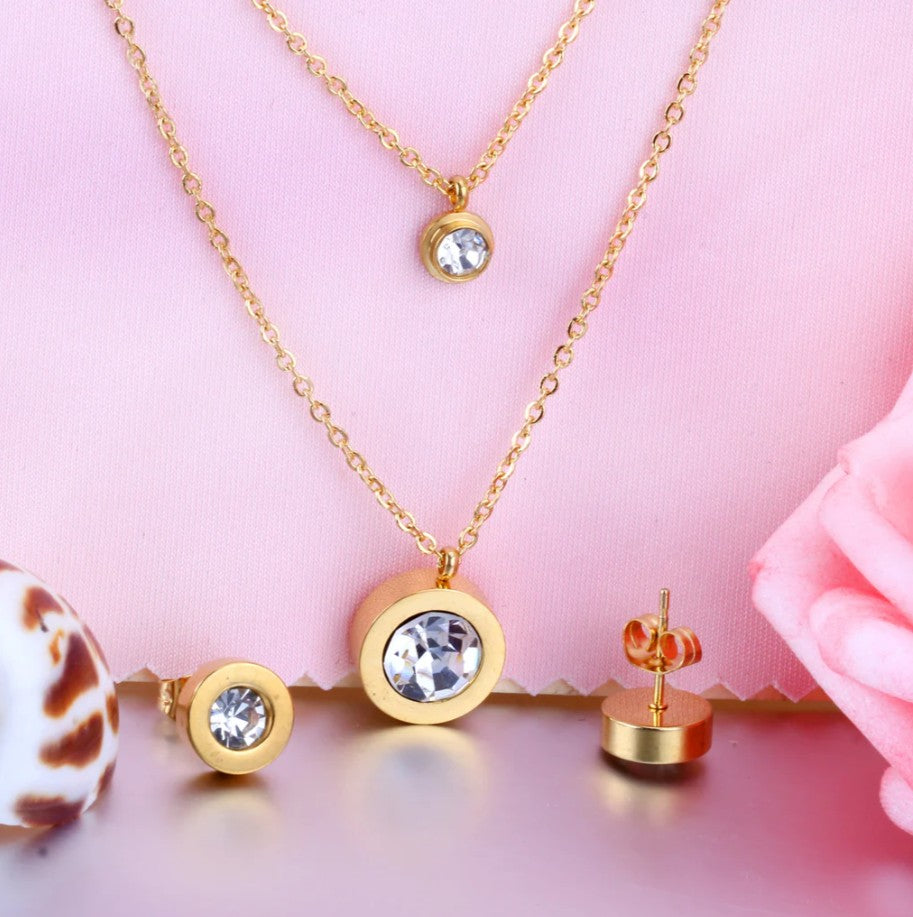 Bestseller 18K Gold, double chain American Diamond, Pendant white stone, 2 diamonds